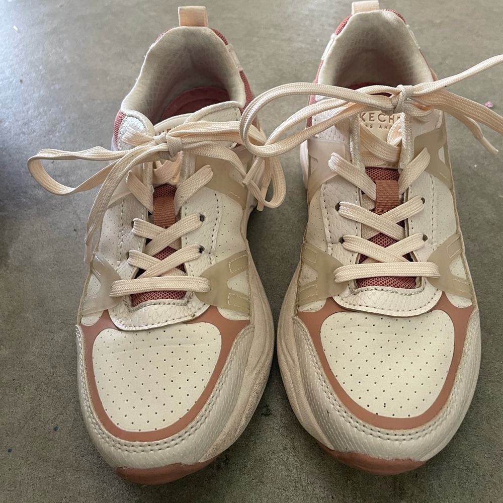 Skechers Cream and Pink Sneakers with Breathable Design